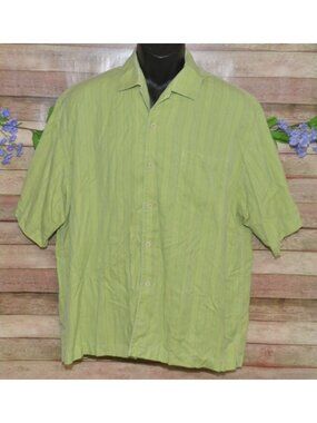 Tommy Bahama Silk Shirt Mens XL Green Striped Short Sleeve Button Up Beach Vacay